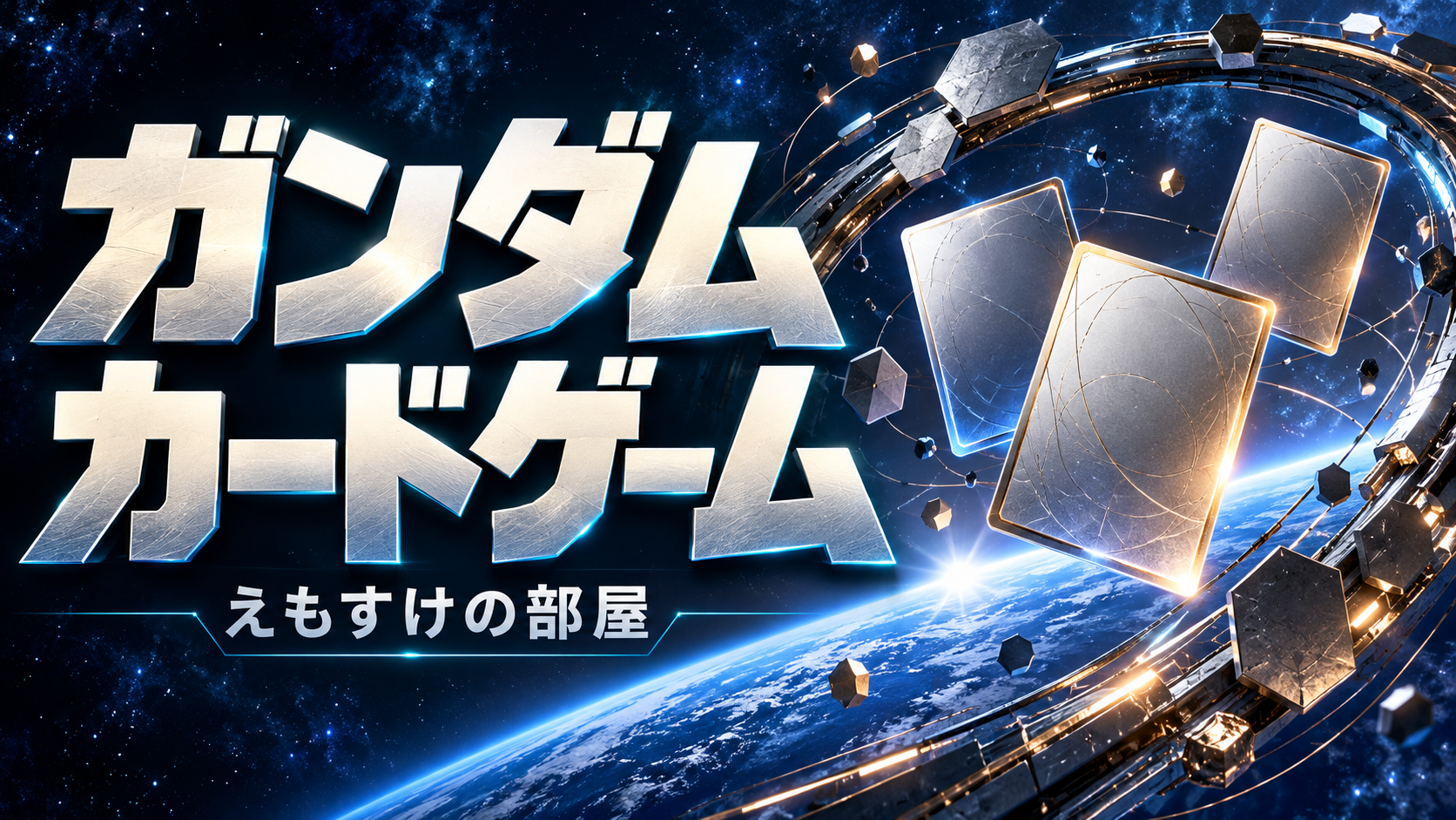 ガンダムカードゲームの関連記事へ。宇宙と抽象的な軌道リング、オリジナルのカードを描いた案内画像