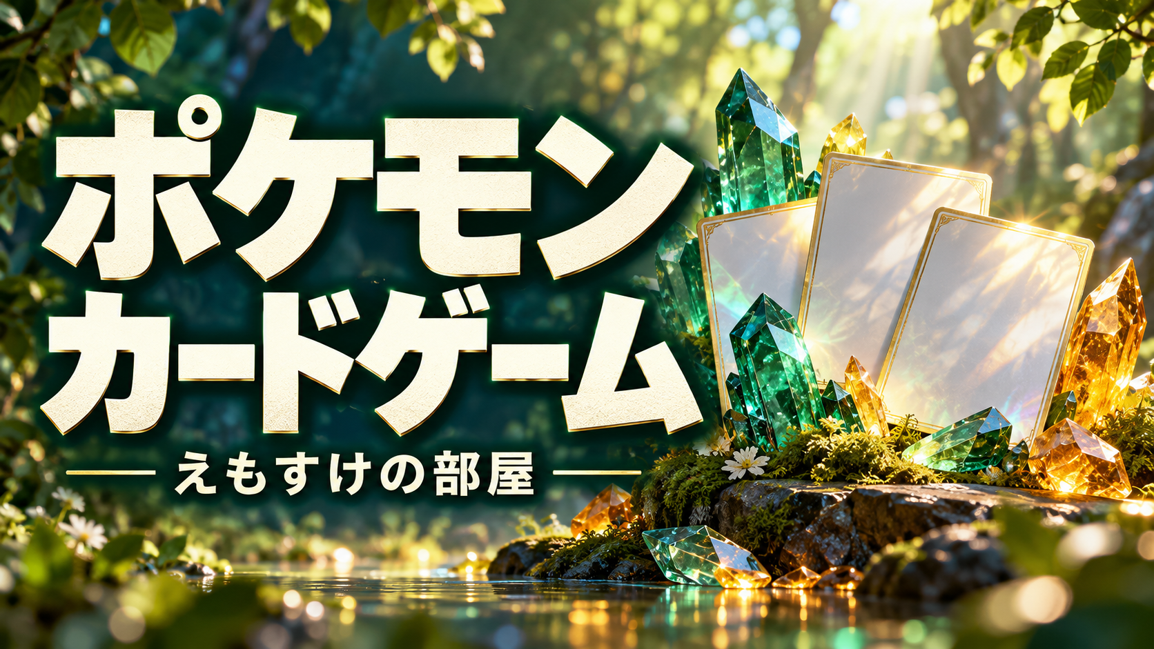 ポケモンカードゲーム専用ページへ。森と結晶、オリジナルのカードを描いた案内画像