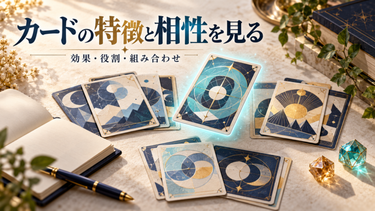 抽象柄カードとノートで、カードの効果・役割・組み合わせを比較するイメージ