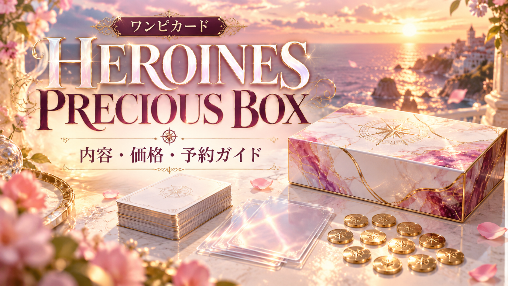 夕景の海と抽象的なカード用品を描いたHEROINES PRECIOUS BOX記事用のオリジナルイメージ