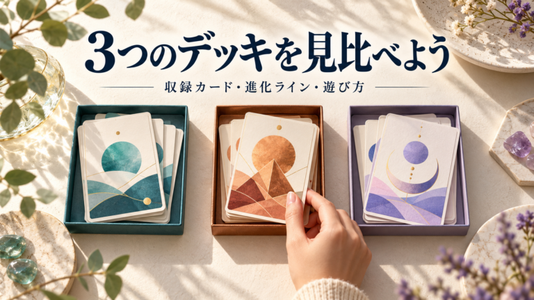 3組の抽象柄カードを並べ、収録カード・進化ライン・遊び方を見比べるイメージ